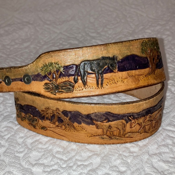 Vintage Other - Leather belt engraved tooled dyed western cowboy horse theme (no buckle) unisex
